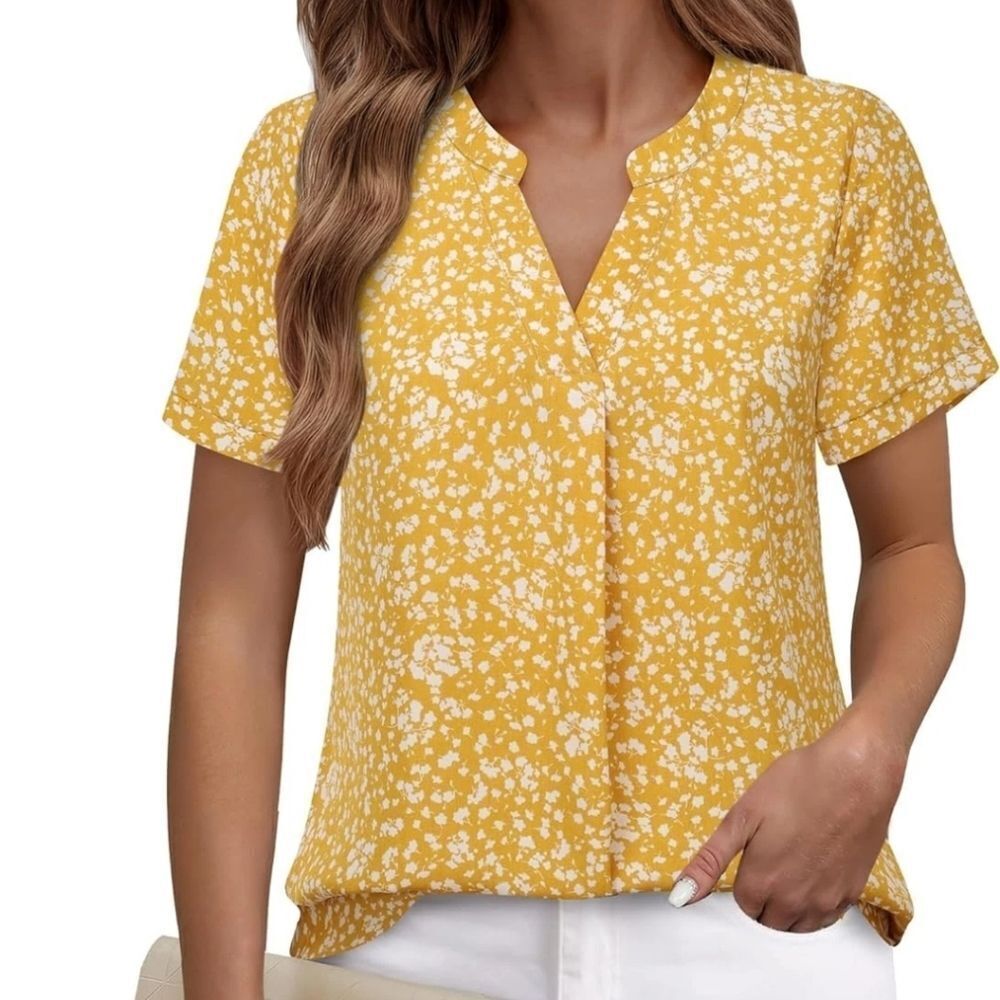 Timeson Women's V-Neck Short Sleeve Curved Hem Floral Chiffon Blouse